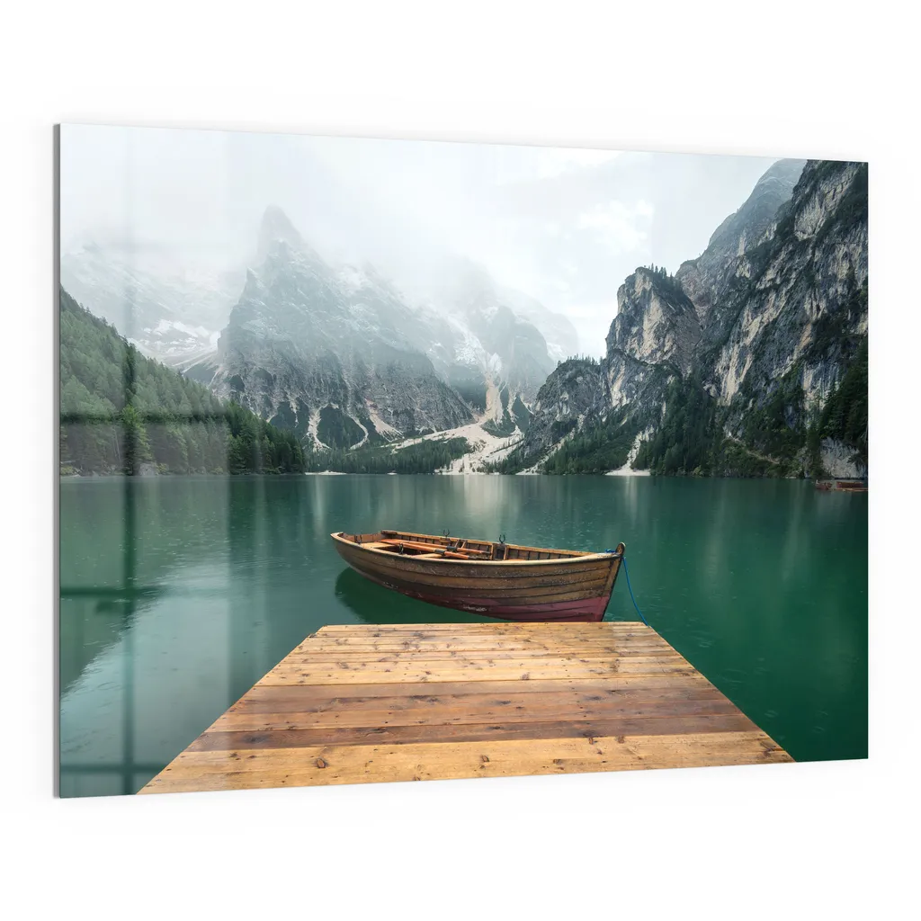 DEQORI Magnettafel Glas 120x90 cm 'Bergsee und Bootsteg' beschreibbar Whiteboard
